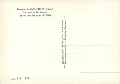 Okręgi MONTREUX (Szwajcaria) — fragment jeziora Léman i w oddali zęby południa — Wydawnictwo Art 'YVON', Paryż — Rewers