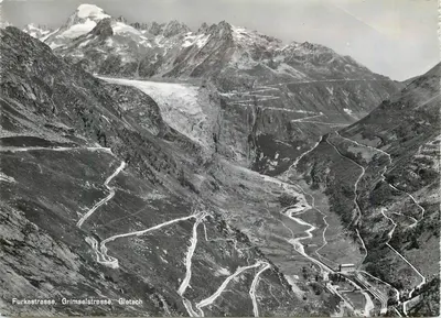 Furkastrasse, Grimselstrasse, Gletsch — vista panorâmica das montanhas e do glaciar — Postkartenverlag Engelberger, Stans, n° 4343
