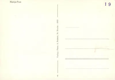 Maloja-Pass — widok lotniczy zgiętej drogi — Photo A. Pedret, St. Moritz, n° 6565 — Rewers