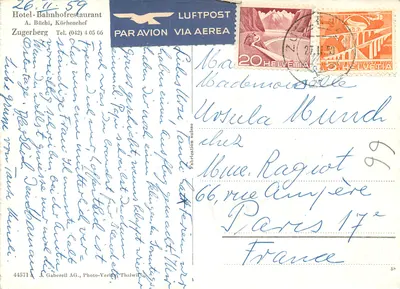 Widok z powietrza jeziora Zurych — zasneżone góry — Hotel-Bahnhofrestaurant Zugberg — wydawca J. Gaberell AG, Photo-Verlag Thalwil — Rewers