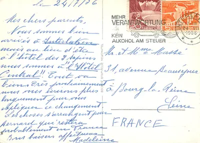Interlaken — Grand Hotel e montanha nevada — Sociedade Gráfica Neuchâtel n°77813 — Verso