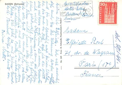 Baden (Szwajcaria) — widok mostu i kościoła — H. Schmidli, nr 165 — Rewers