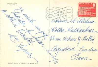 Arosa-Dorf — zimowy widok z kościołem i hotelami — Photo & Verlag R. Bänker, P.zp. Arosa 820 — Rewers