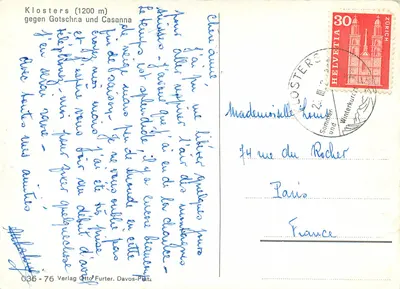 Klosters (1200 m) — vista das montanhas de Gotschna e Casanna — Verlag Otto Furter, Davos-Platz, n° 036-76 — Verso