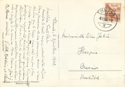 Thusis z Piz Beverin — widok panoramiczny — Verlag Jules Geiger, Waldhaus-Flims, n° 3070 — Rewers