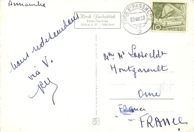Furkastasse, Hotel Belvedère i Aanahegletscher — Kiosku Furka-Passhöhe, wydawca Verlag Berninger & Sampaaluch — Rewers