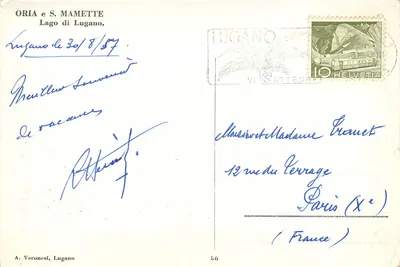 Lago di Lugano — vista lacustre com montanha e ciprestes — ORIA e S. MAMETTE, A. Veronesi, Lugano — Verso