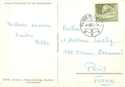 Segnes-Wasserfall bei der Segneshütte — reprodukcja — Verlag Jules Geiger, Flims-Waldhaus, nr 3976 — Rewers