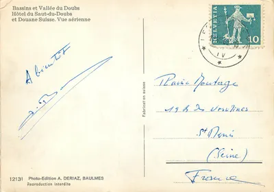 Baseny i dolina Doubs — Hotel Saut-du-Doubs i graniczna stacja szwajcarska. Widok z lotu — Photo-Edition A. DERIAZ, BAULMES, n°12131 — Rewers