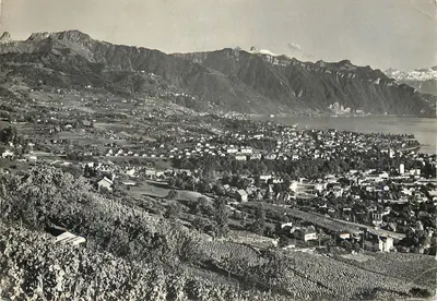 Cidade de Vevey — vista panorâmica com vinhedos e montanhas no fundo — Edição Perrochet, Série 375