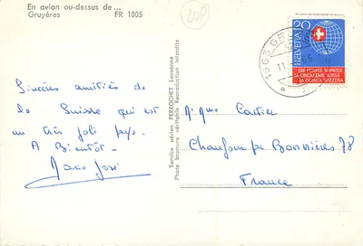 Gruyères — vista panorâmica e brasão — editor PERROCHET, n° FR 1005 — Verso