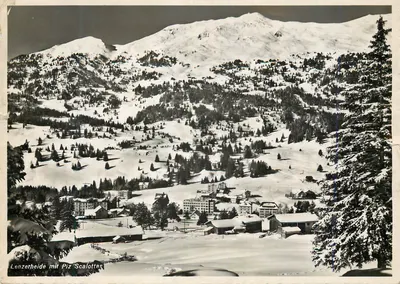 Lenzerheide com Piz Scalottas — vista invernal — Verlag Regina Margreth, Lenzerheide