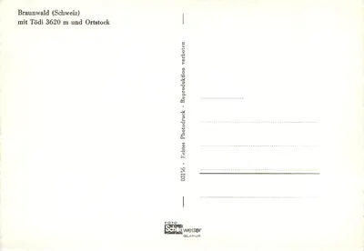 Braunwald (Suíça) — com o Tödi a 3620 m e o Ortstock — editor Scherwetter, Glarus, n° 03156 — Verso
