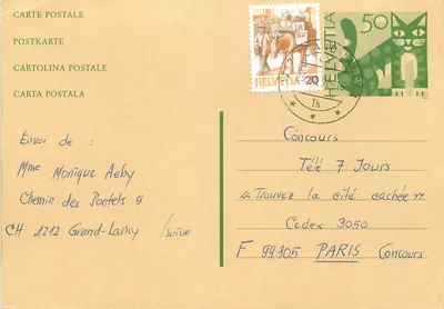 Carta postal multilingue — Helvetia 20 ct e 50 ct — Concurso 'Encontre a cidade oculta' — Sarrebourg