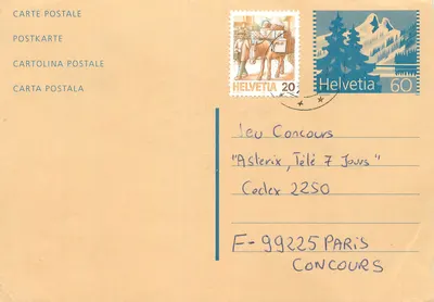 Sujeito: Carta postal para o concurso 'Asterix Télé 7 Jours' — editor Helvetia, número de série não visível