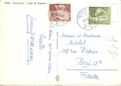 Gandria. Lago di Lugano — vista lacustre com barco a remos — editor Mayr, n° 9066 — Verso