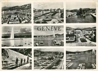 Genebra — vista panorâmica com a fonte, o lago e os pontes — Edição C. SAFTORI