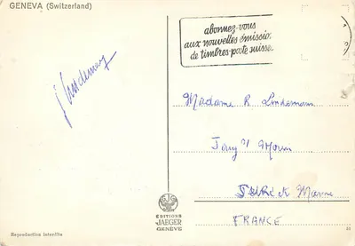 Genewa – Most Mont-Blanc i Wyspa J.J. Rousseau – Wydawnictwo Jaeger, nr 8007 — Rewers