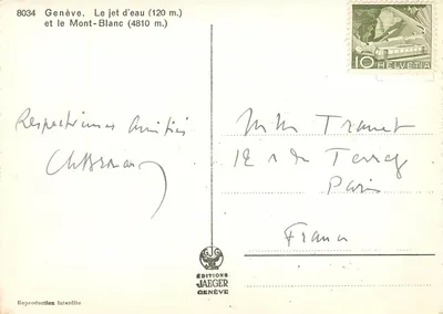 Genewa — Fontanna (120 m) i Mont-Blanc (4810 m) — Wydawnictwo Jaeger Genewa, nr 8034 — Rewers