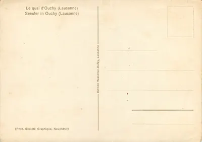 Quai d'Ouchy (Lausanne) — widok na jezioro z zasnieżonymi górami — Wydawnictwo Haesche-Dufey, Lausanne — Rewers