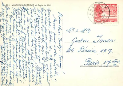 Montreux-Territet i Dents du Midi — widok jeziora z parowcem — wydawca nieznany, nr 752 — Rewers