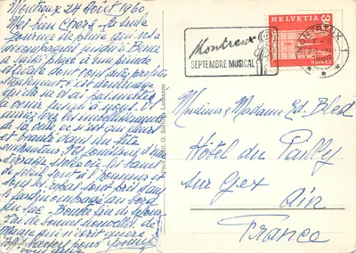 Zamek Chillon — widok z jeziora z drzewami — Fot. O. Sartoin, Lausanne — Rewers