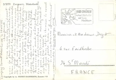 Zermatt, Matterhorn — widok z ramką z igłami sosnowymi — wydawca PERREN-BARBERINI, nr 2/3770 — Rewers