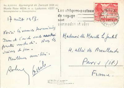 Gornergrat acima de Zermatt 3131 m — Monte Rosa 4634 m e Lyskamm 4527 m — Os cheques-postais de viagem são convenientes e seguros — editor: Cheques-postais de viagem — Verso