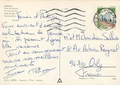 Wenecja — Ponte dei Sospiri — Wydawca ARDO, nr 599 — Rewers