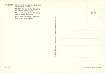 Verona - Maison de Giulietta des Capulet — façade avec balcon historique, éditeur Vitove Editore, n° de série R. 72 — Verso