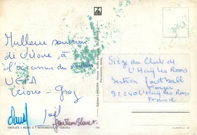 Verona — widok teatru rzymskiego, mostu i pary — Wydawnictwo LANCORA, n°100 — Rewers