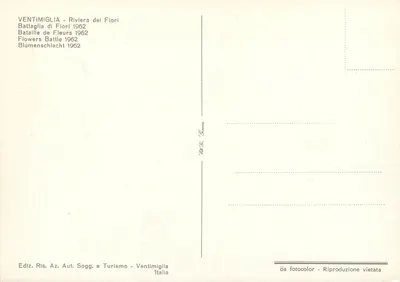 Ventimiglia - Riviera dei Fiori — Bitwa Kwiatów 1962 — Wydawnictwo Ris. Az. Aut. Sogg. e Turismo — Rewers