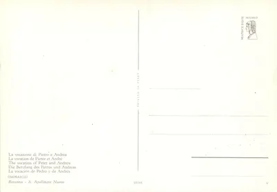 De vocatie van Pierre en André — Mosaïek van Ravenna — S. Apollinaire Nuovo — uitgever BEATRICE DESIE MILANO, n° 10791 — Achterkant
