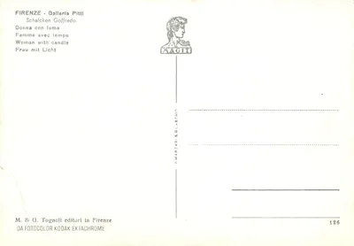 Kobieta z lampą — Galeria Pitti, Florenca — wydawnictwo Marzari & C. nr 126 — Rewers