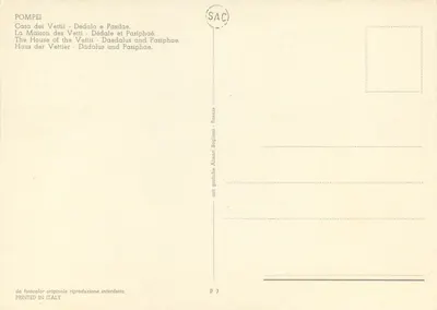 Pompeï - Huis van de Vettii - Dedalus en Pasifae — uitgever Arti Grafiche Alinari Baglioni, Florence, n° P 7 — Achterkant