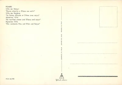 Pompéia — Villa dos Mistérios — cena da mulher assustada e do Sileno com sátires — editor Milano Dep. n° POM 66/183 — Verso