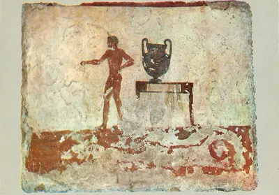 Paestum — Grobowiec Tuffatorego — Rzymska freskowa reprodukcja z młodym mężczyzną niosącym krater — Wydawca Terni, nr 159/III 972