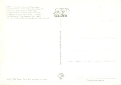 Pasja Jezusa (Jezus wchodzi na Golgotę) — fresk Lorenzo di Pietro zwany Vecchietta (XV wiek) — wydawca Ditta M. Romboni, Siena — Rewers