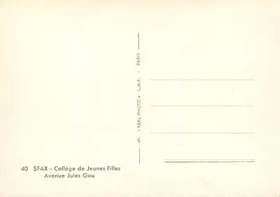 Sfax — Colégio das Jovens Moças — Avenida Jules Gau — C.A.P. Paris — Verso