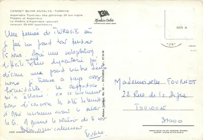 Bilhete postal moderno Turquia Antalya Teatro e Aspendu — Verso