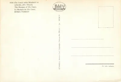 Mezquita Ulu Cami — wnętrze z mihrabem z XVII wieku — wydawca Hild & Coton, Izmir — Rewers