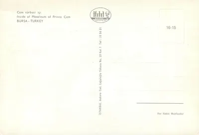 Wnętrze mauzoleum księcia Cem — Bursa, Turcja — wydawca Istanbul — Rewers