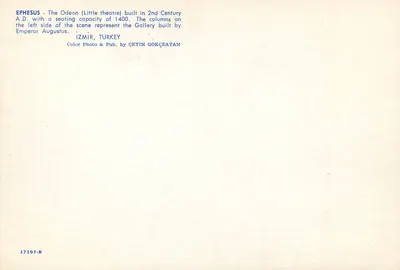 Éfeso - O pequeno teatro (Odeon) — construído no século II d.C., capacidade 1400 lugares, colunas da cena representando a galeria edificada pelo imperador Augusto — editor ÇETIN GÖKÇEATAM, n° de série 17197-B — Verso