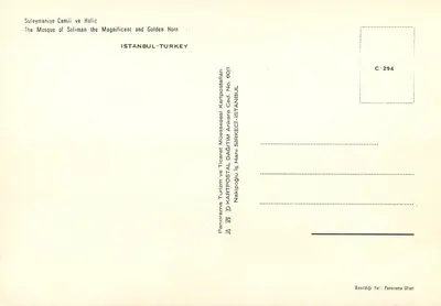 Moschee von Süleymaniye und der Bosporus — Istanbul, Türkei — Verlag Nakipoglu, n° C-294 — Rückseite