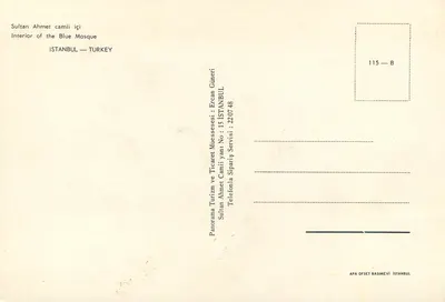 Wnętrze Mezquitu Niebieskiego — Stambuł — Wydawca Ercan Güneri, nr 115-B — Rewers