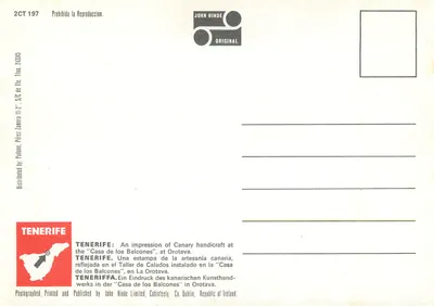 Atelier de bordado, Tenerife — Canárias — Foto E. Ludwieg, John Hinde Studios — Verso