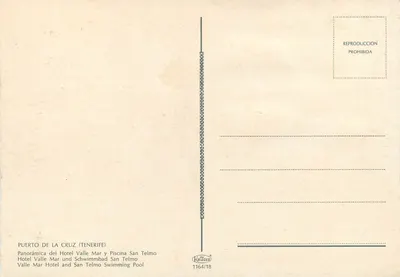 Puerto de La Cruz (Tenerife) — Panoramablick auf das Hotel Valle Mar und den San Telmo-Teich — Krüger 1164/18 — Rückseite