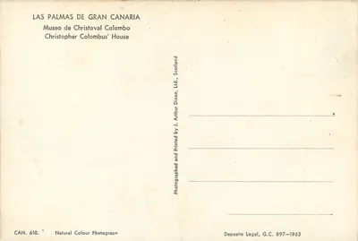 Pátio interno do Museu Christoval Colombo — Las Palmas de Gran Canaria — editor J. Arthur Dixon, Ltd., Escócia — Verso