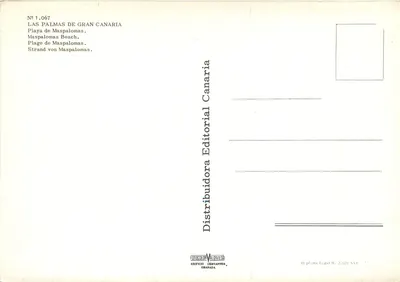 Praia de Maspalomas — Las Palmas de Gran Canaria — Distribuidora Editorial Canaria, n° 1.067 — Verso