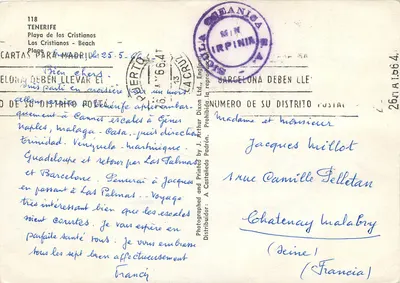 Plaża Los Cristianos — Tenerife — wydana przez J. Arthur Dixon Ltd. — Rewers